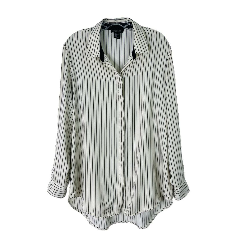 Rachel Zoe cream black pinstripe preppy office button front top XL